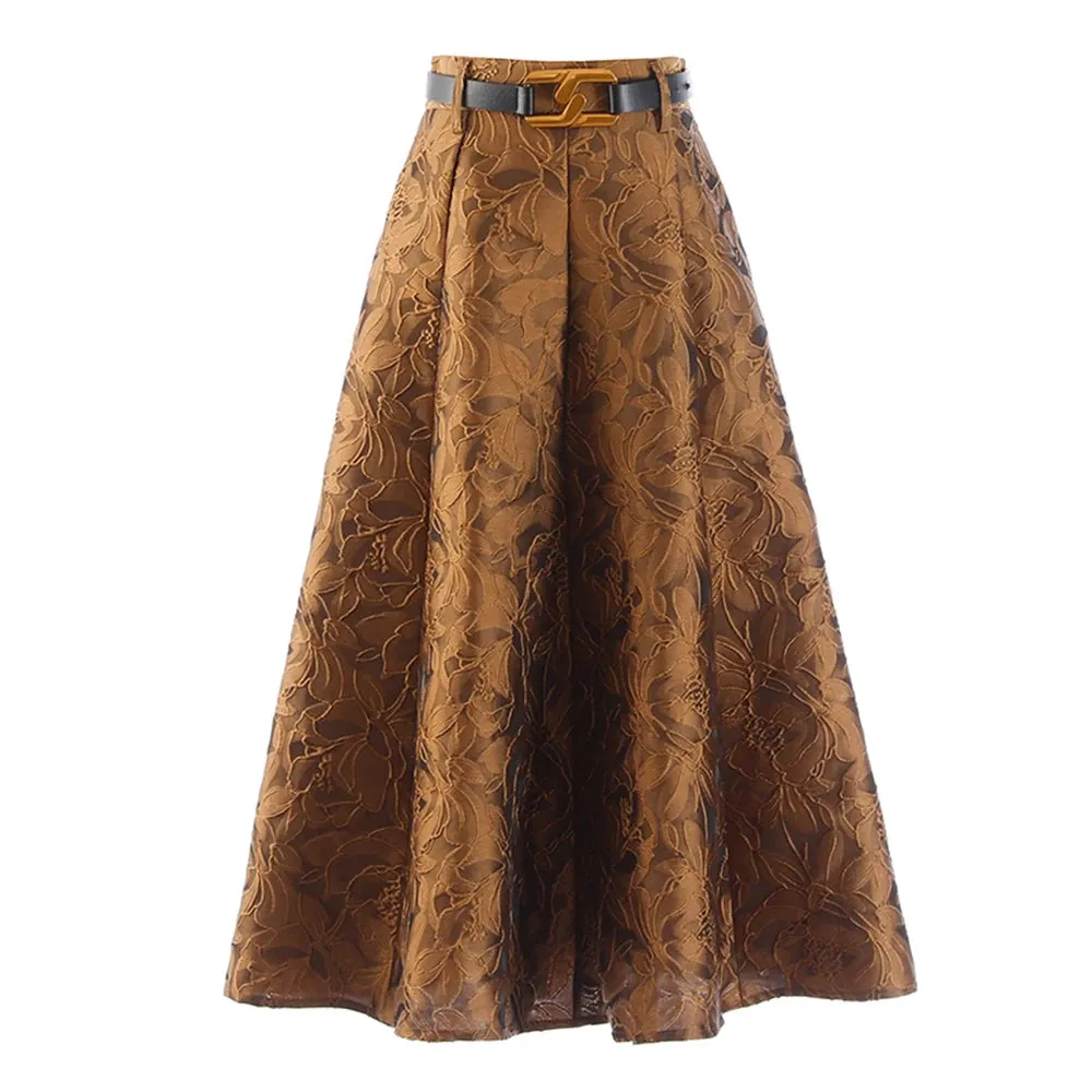 Jacquard Elegant Skirt For Women High Waist A Line Solid Minimalist Midi Skirts Female Summer Fashion Clothing