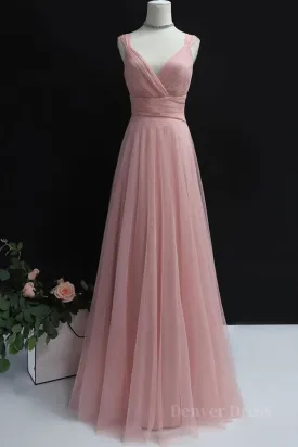 kamahe Simple pink tulle long prom dress pink tulle evening dress