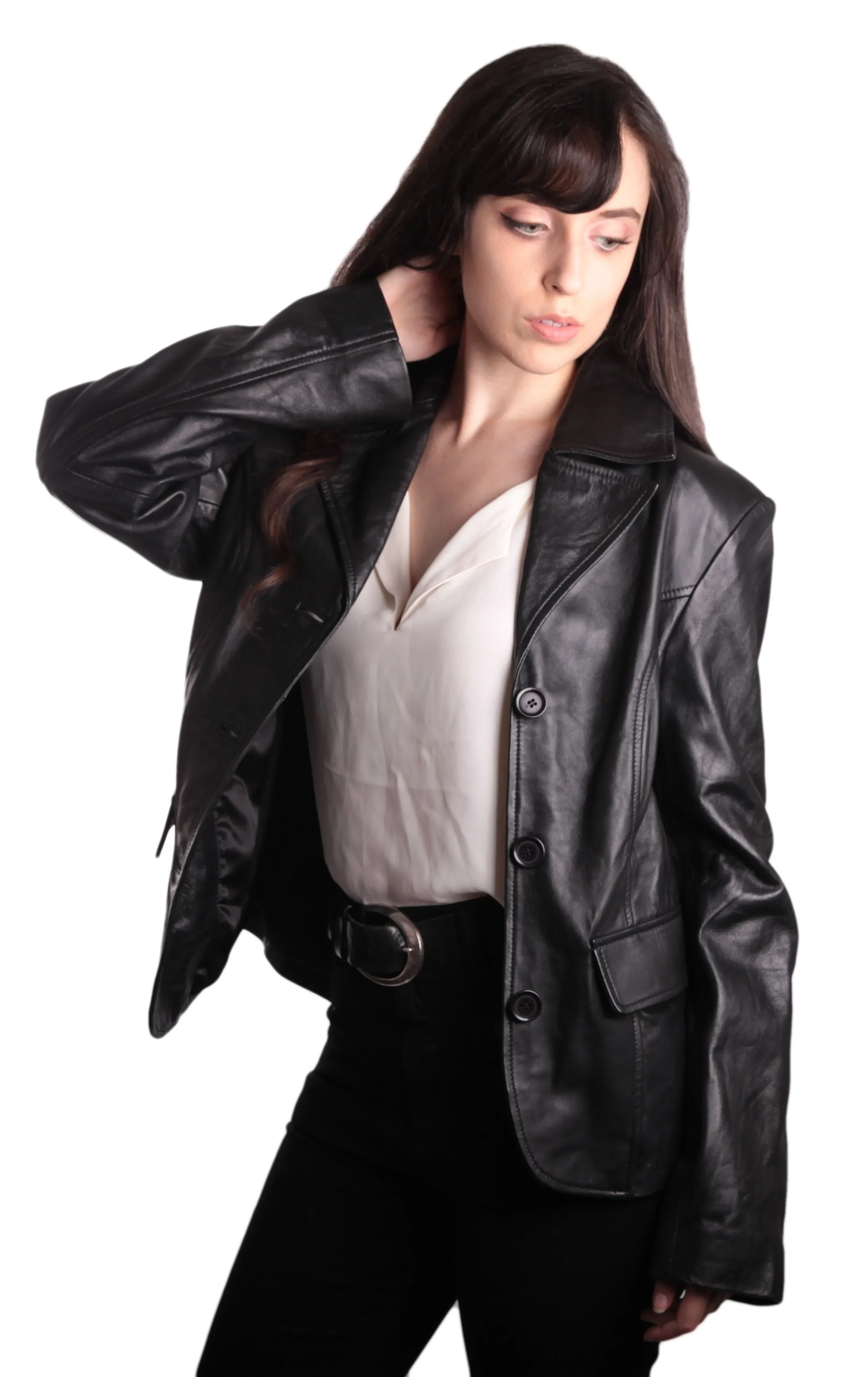 Ladies Fashion 3 Button Black Leather Blazer