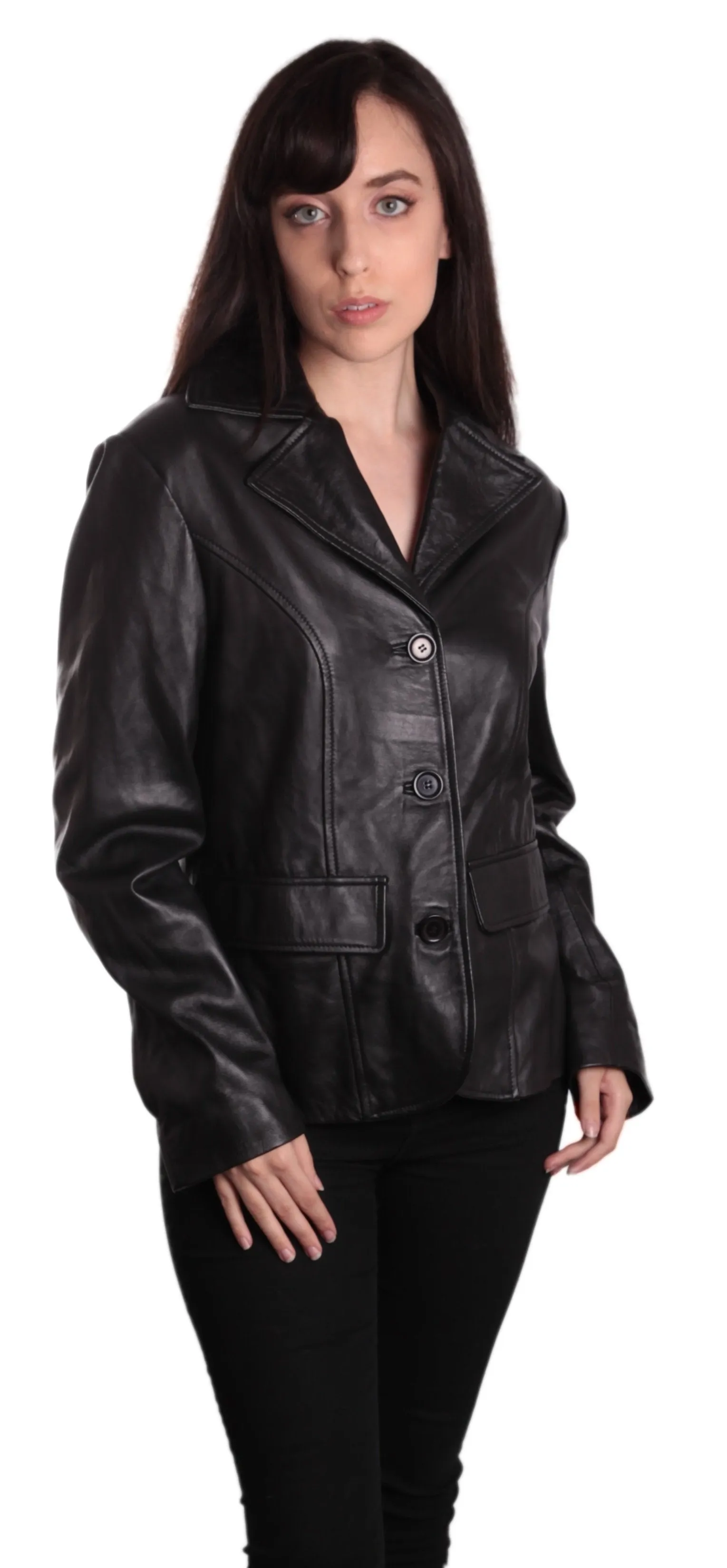 Ladies Fashion 3 Button Black Leather Blazer