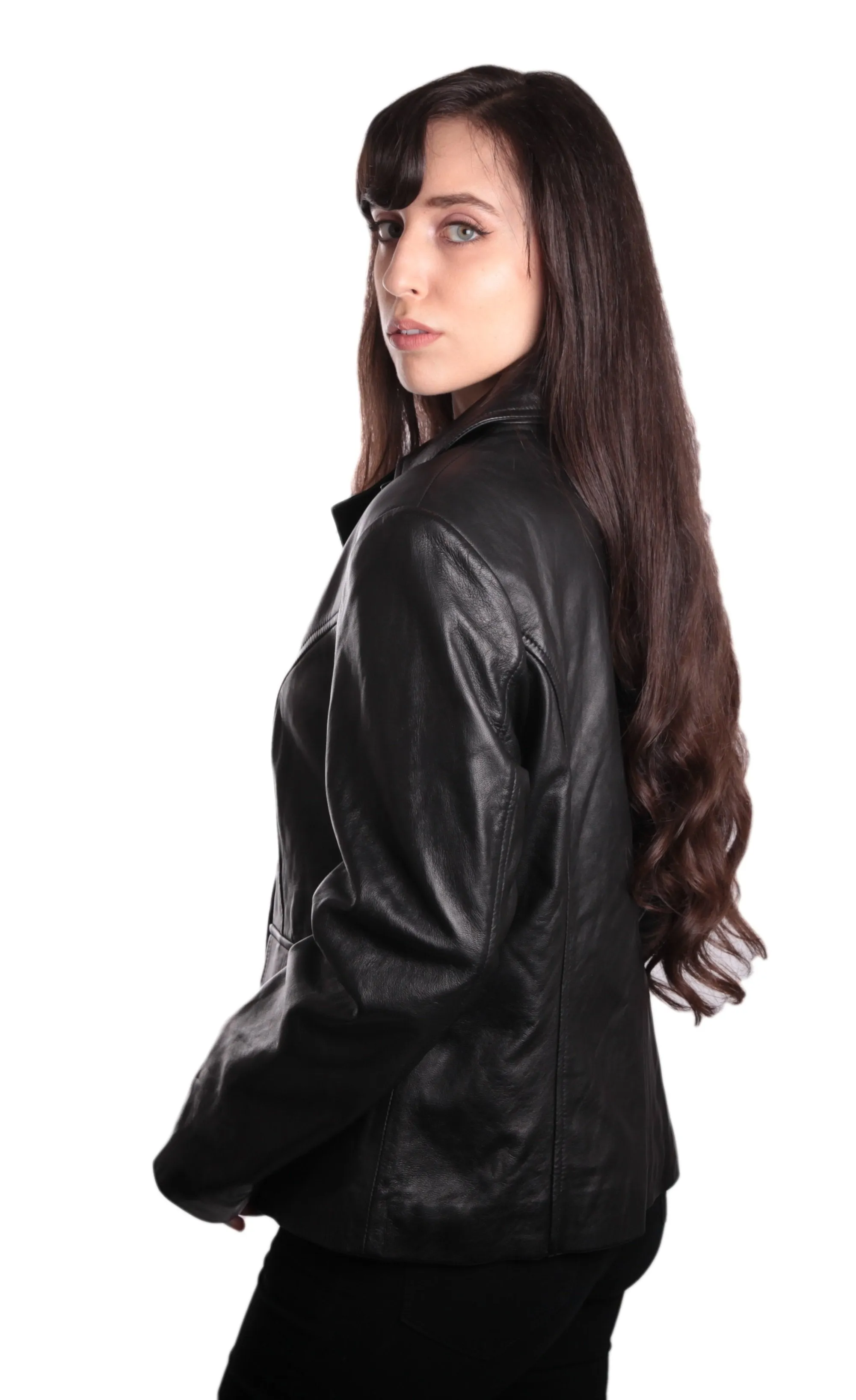 Ladies Fashion 3 Button Black Leather Blazer