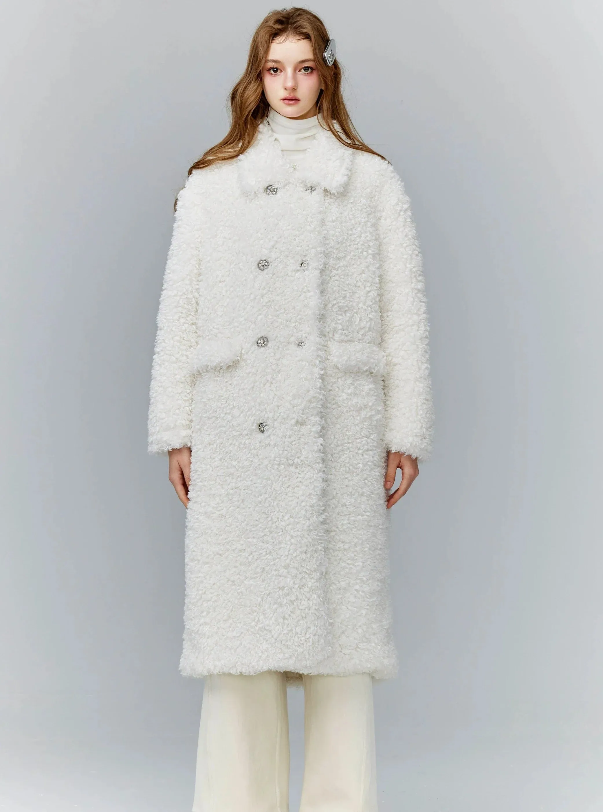 Luxurious White Teddy Bear Coat: Double-Breasted Faux Fur Longline Outerwear