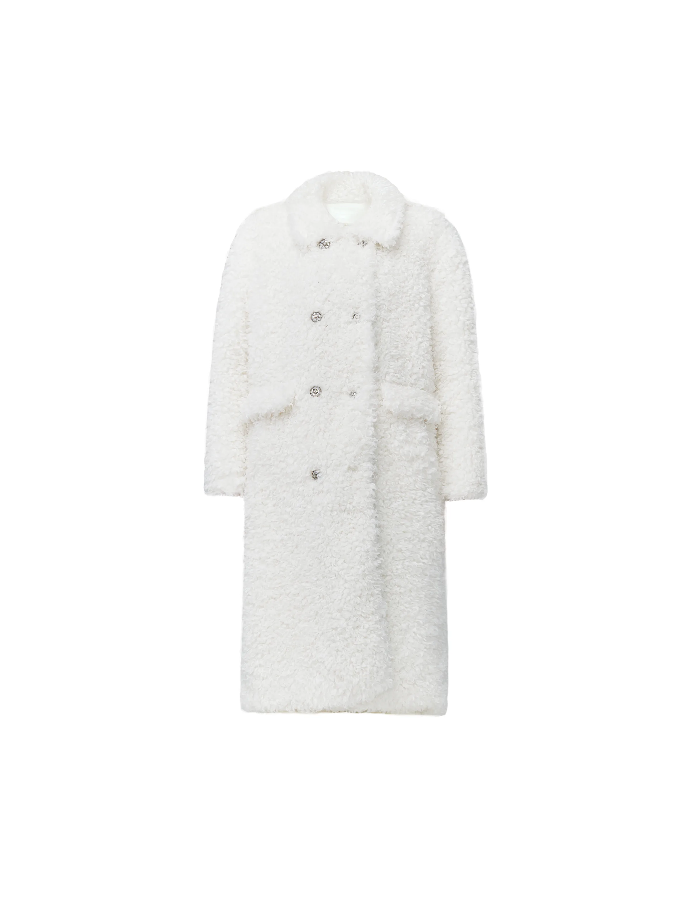 Luxurious White Teddy Bear Coat: Double-Breasted Faux Fur Longline Outerwear