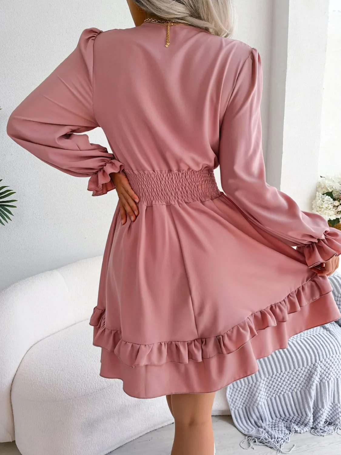 Make You Happy Tie Front Smocked Waist Flounce Sleeve Dress