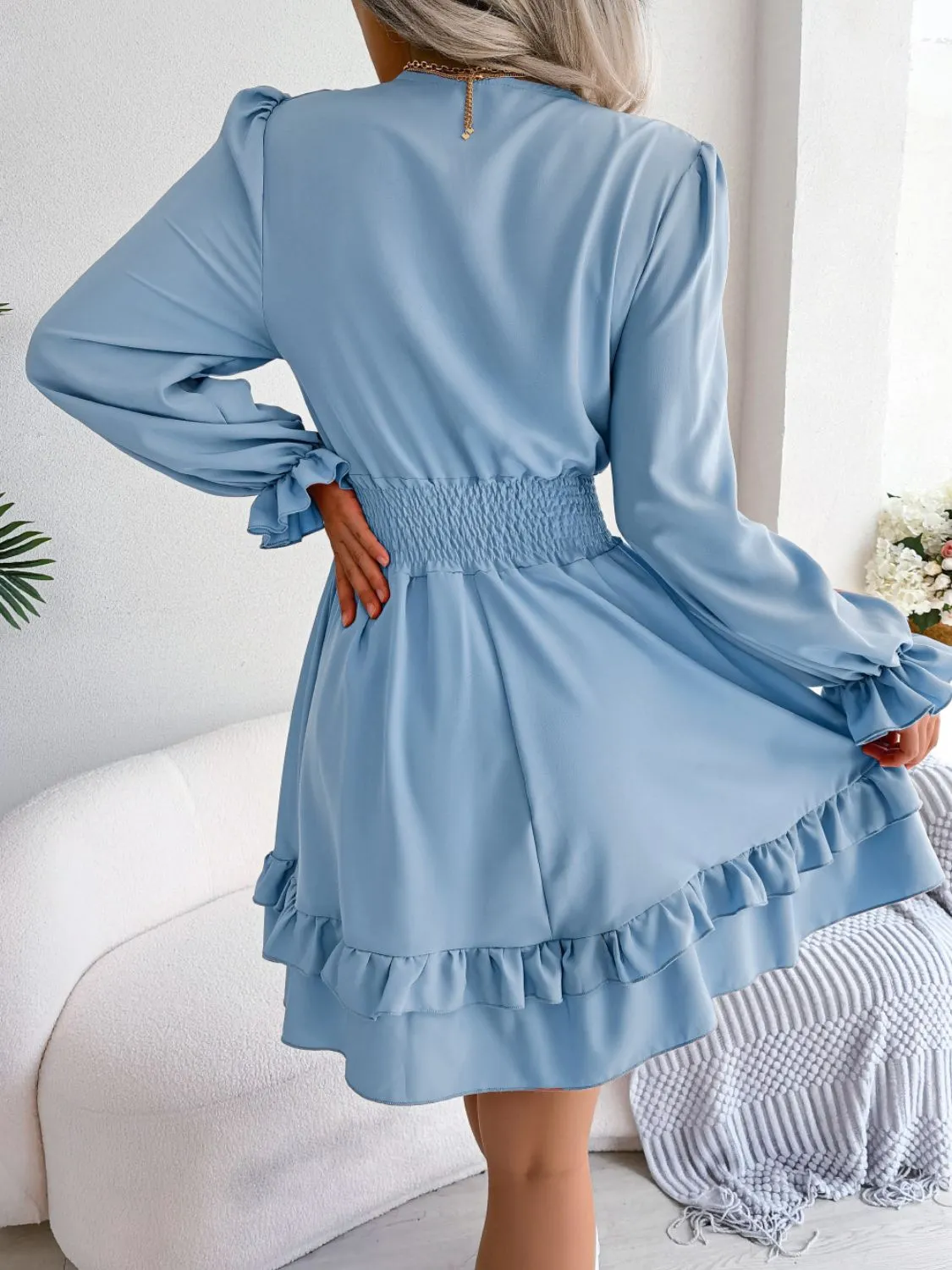 Make You Happy Tie Front Smocked Waist Flounce Sleeve Dress