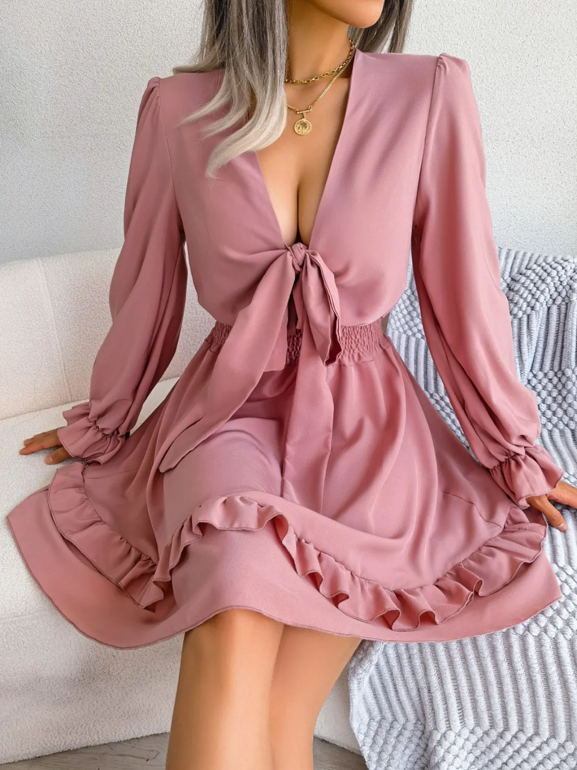 Make You Happy Tie Front Smocked Waist Flounce Sleeve Dress