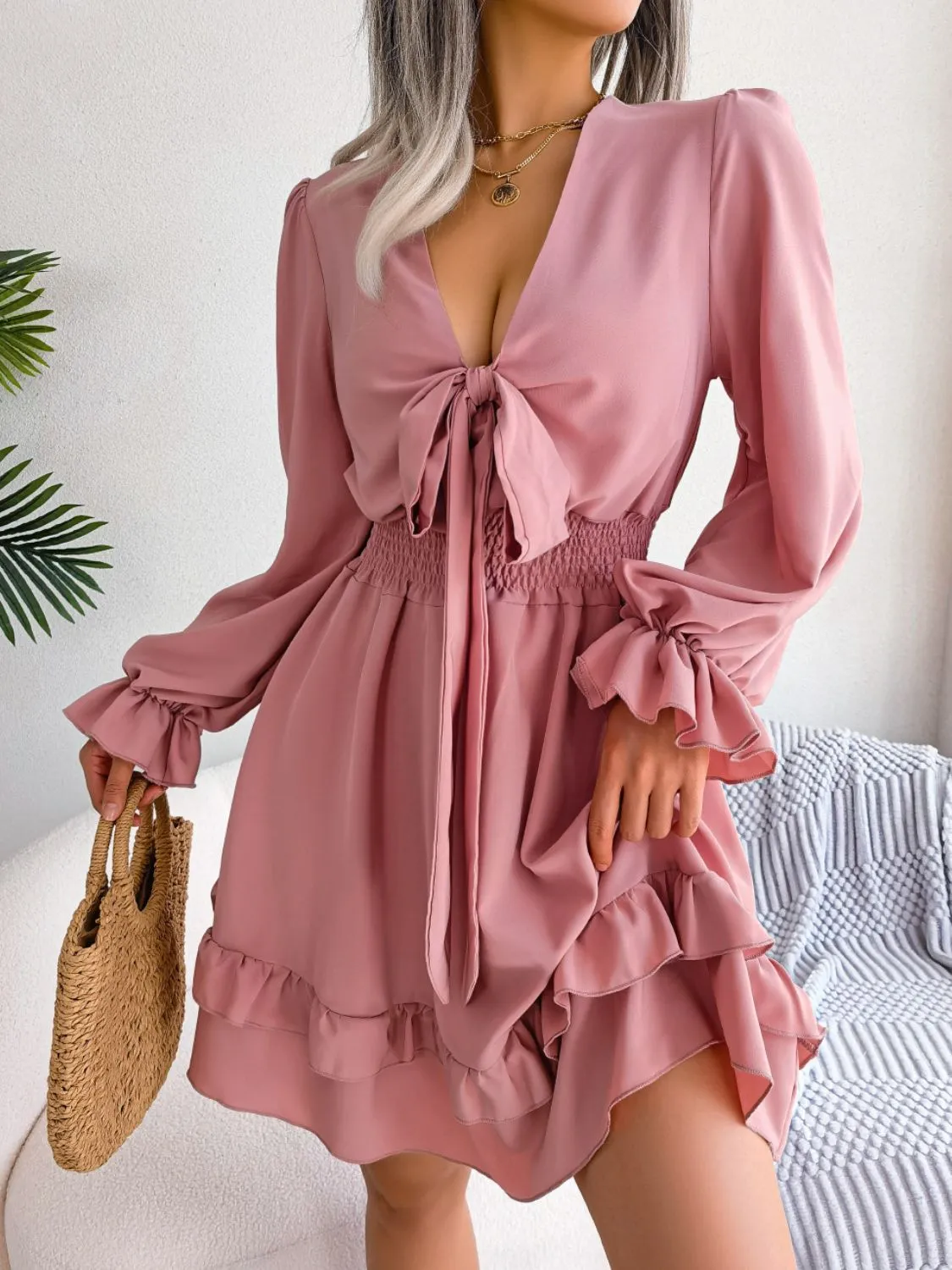 Make You Happy Tie Front Smocked Waist Flounce Sleeve Dress