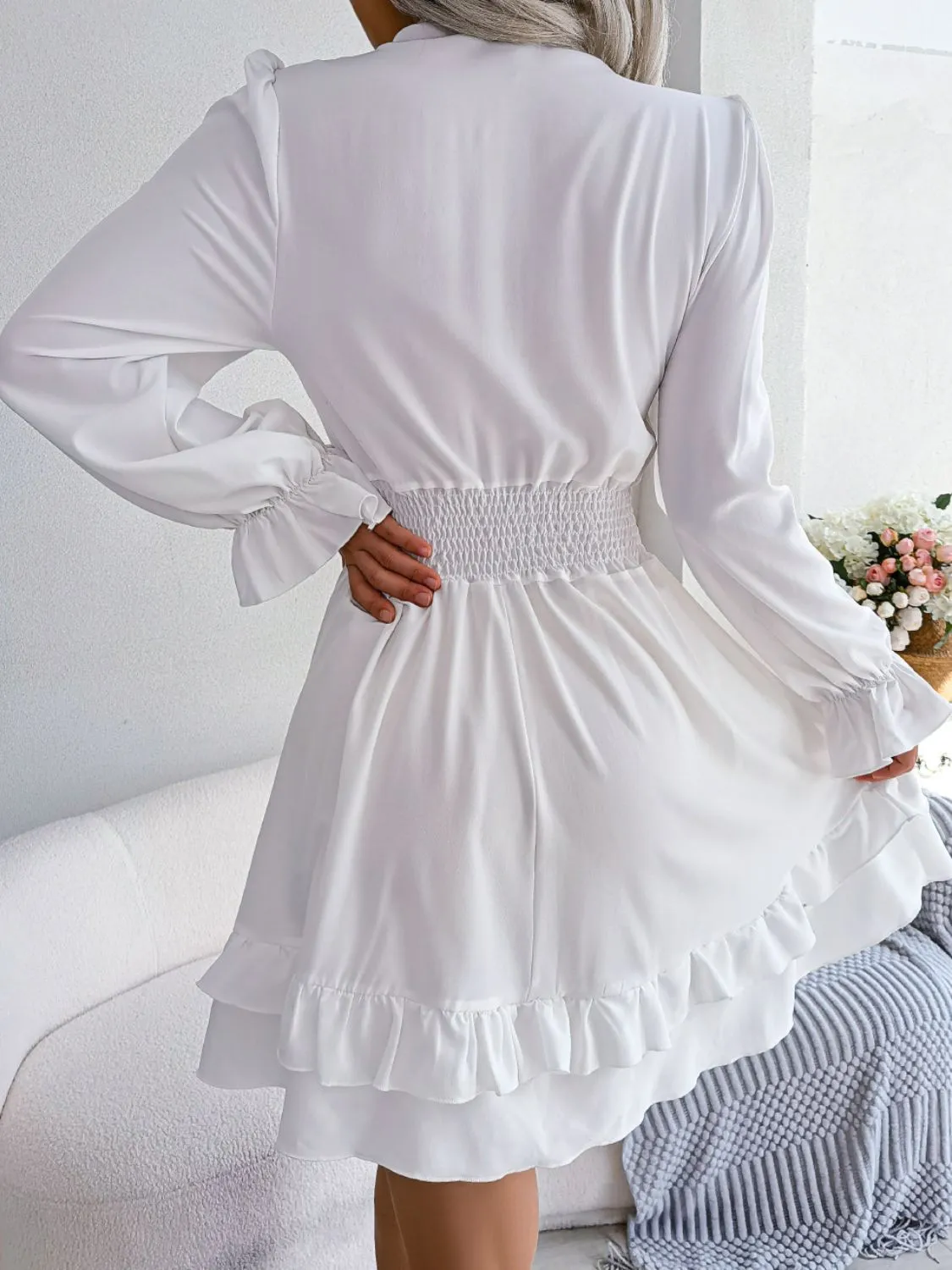 Make You Happy Tie Front Smocked Waist Flounce Sleeve Dress