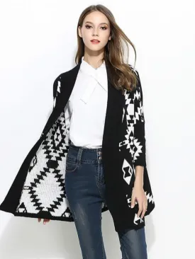 Medium Length Diamond Jacquard Cardigan Sweater Coat