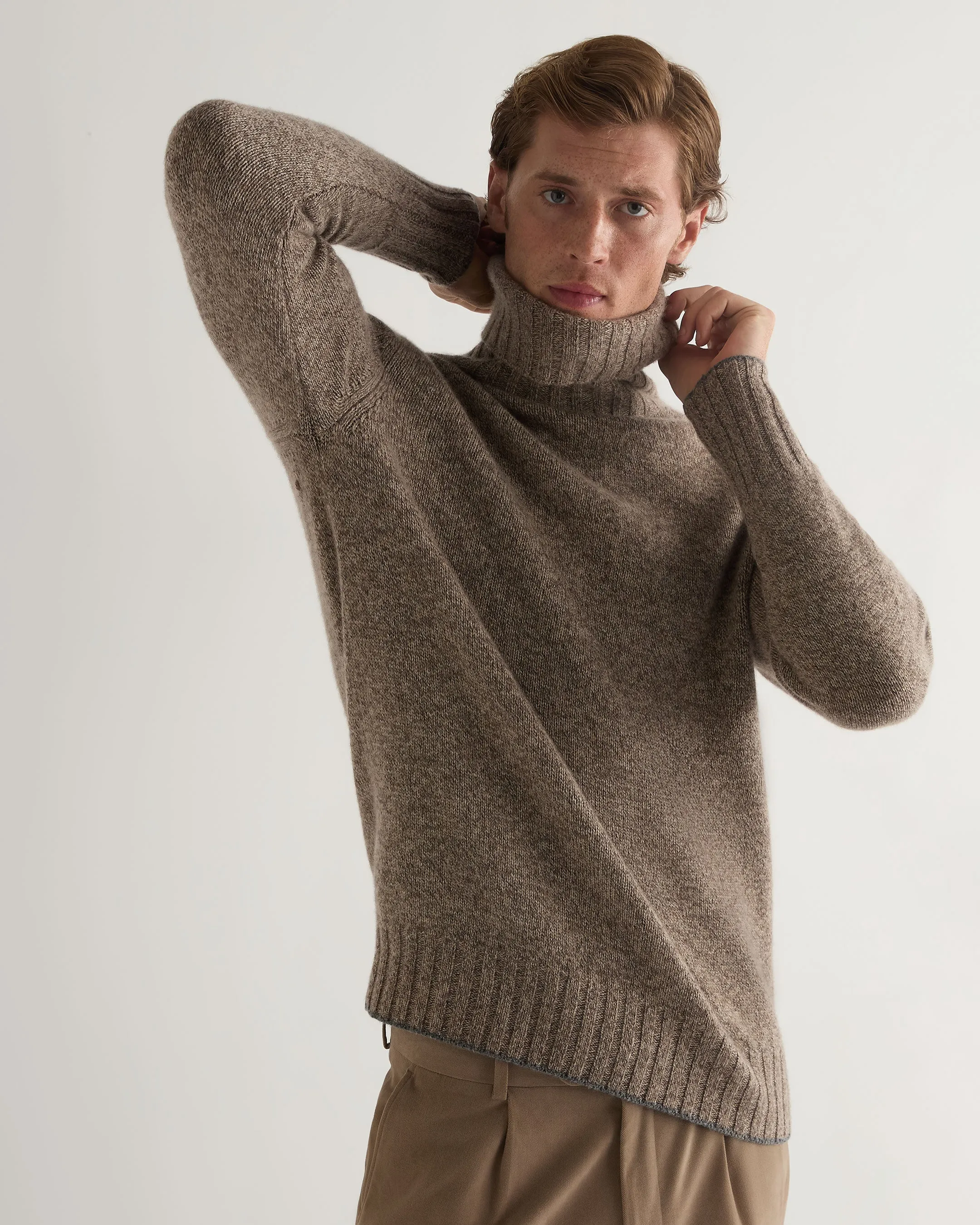 Men's Brompton Marl Roll Neck Cashmere Jumper Heather Hazel Brown