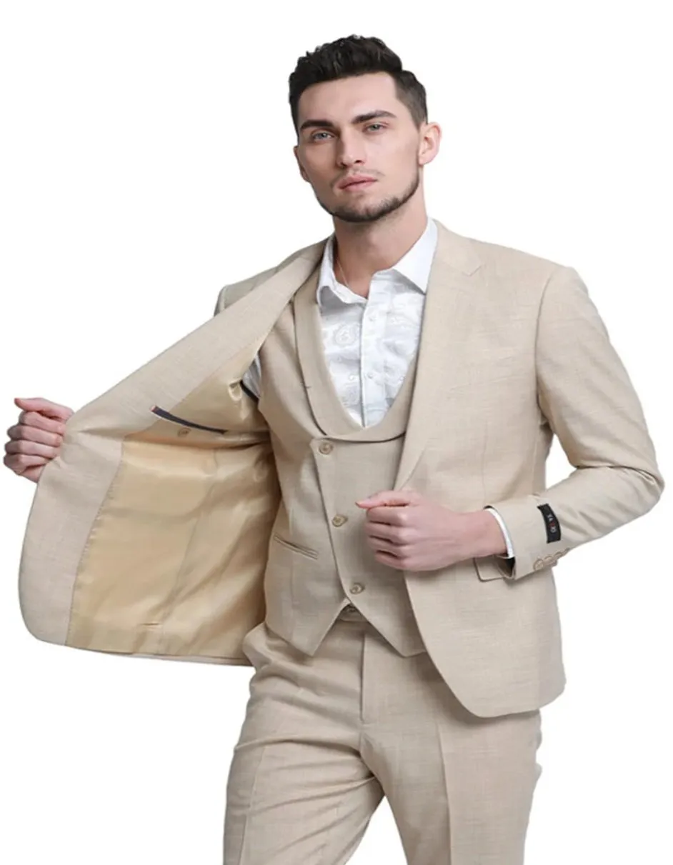 Mens Khaki Color Tuxedo - Mens One Button Double Breasted Vest Slim Fit Sharkskin Khaki Wedding Suit