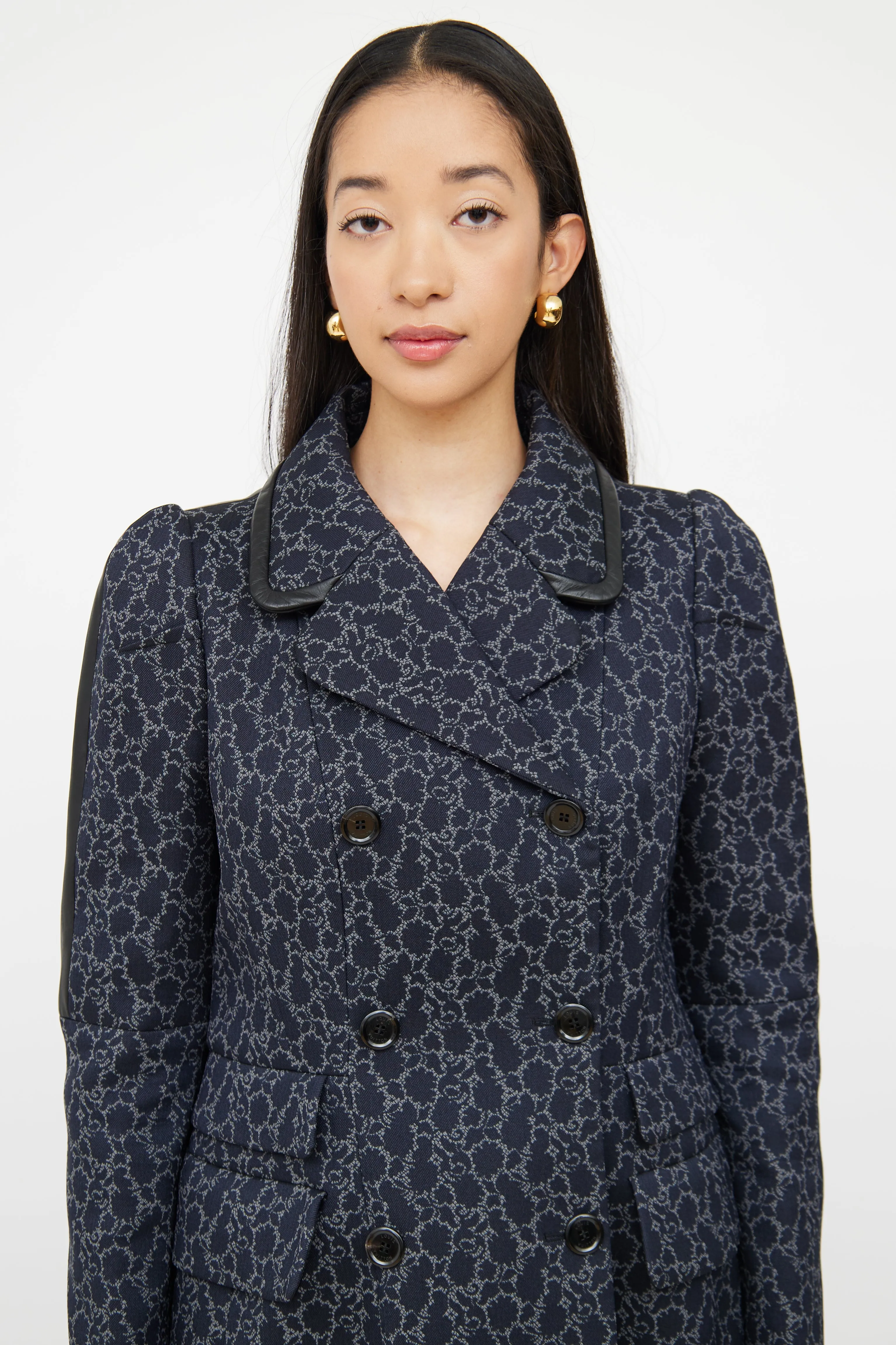 Navy Brocade Double Breasted Coat