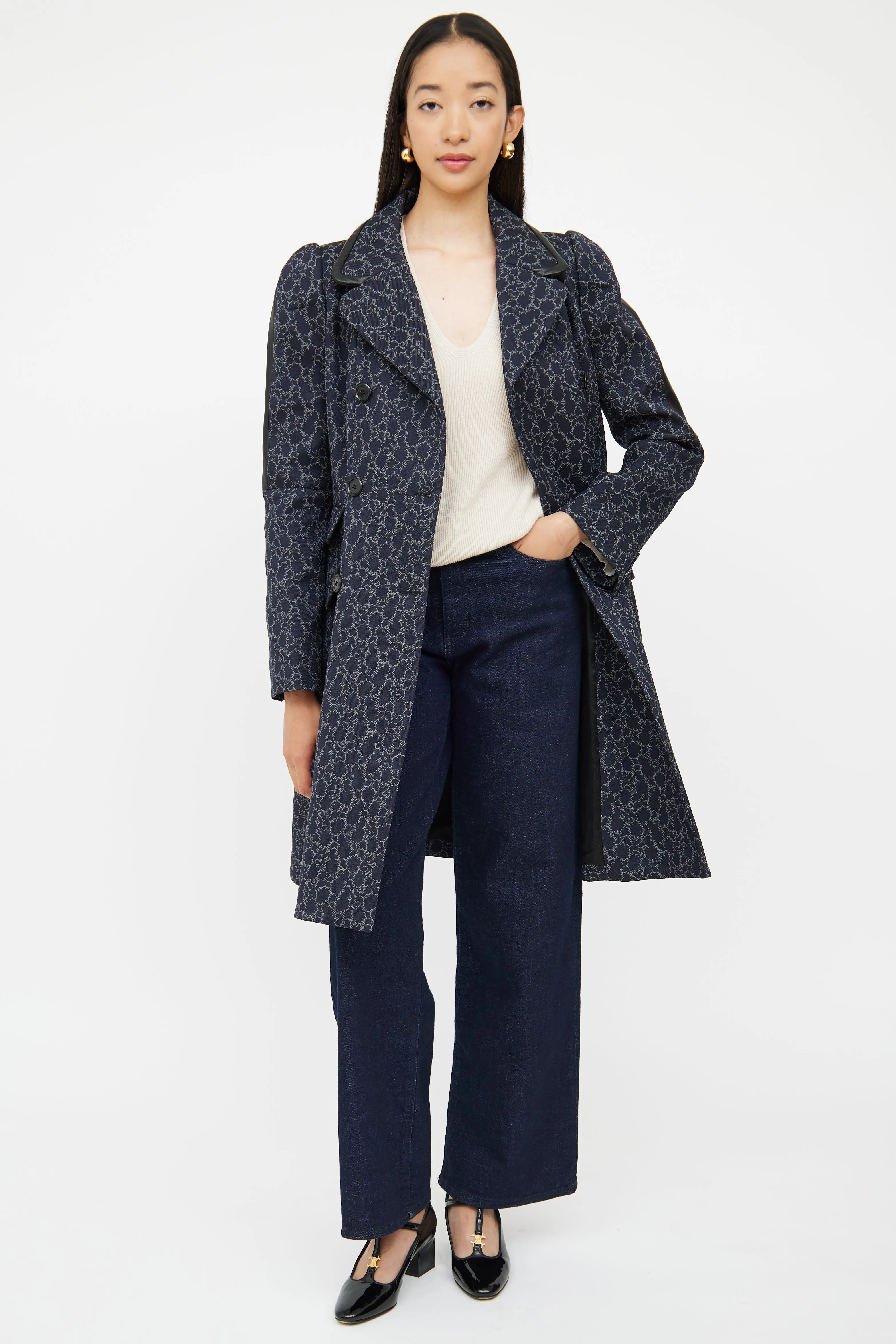 Navy Brocade Double Breasted Coat