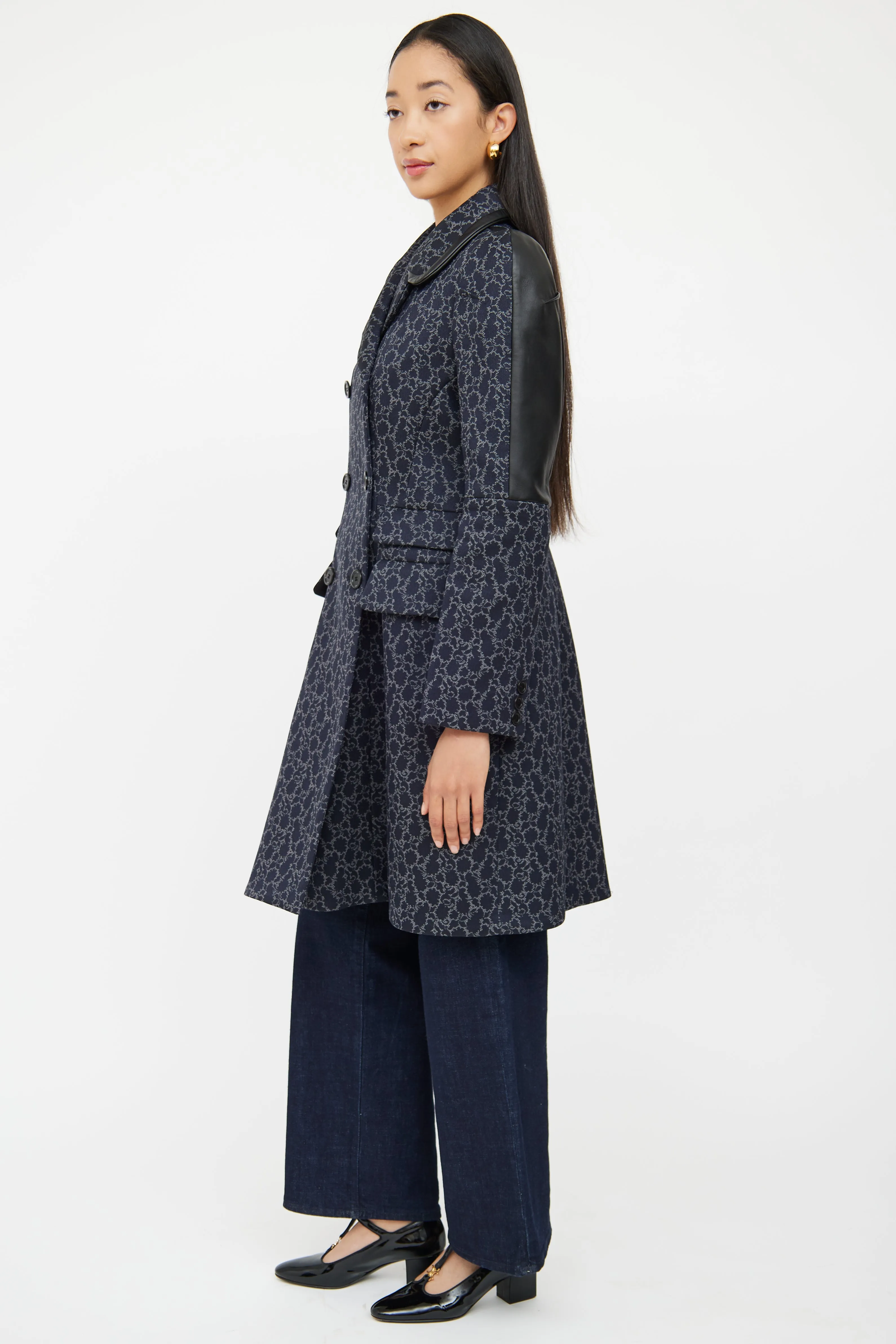 Navy Brocade Double Breasted Coat