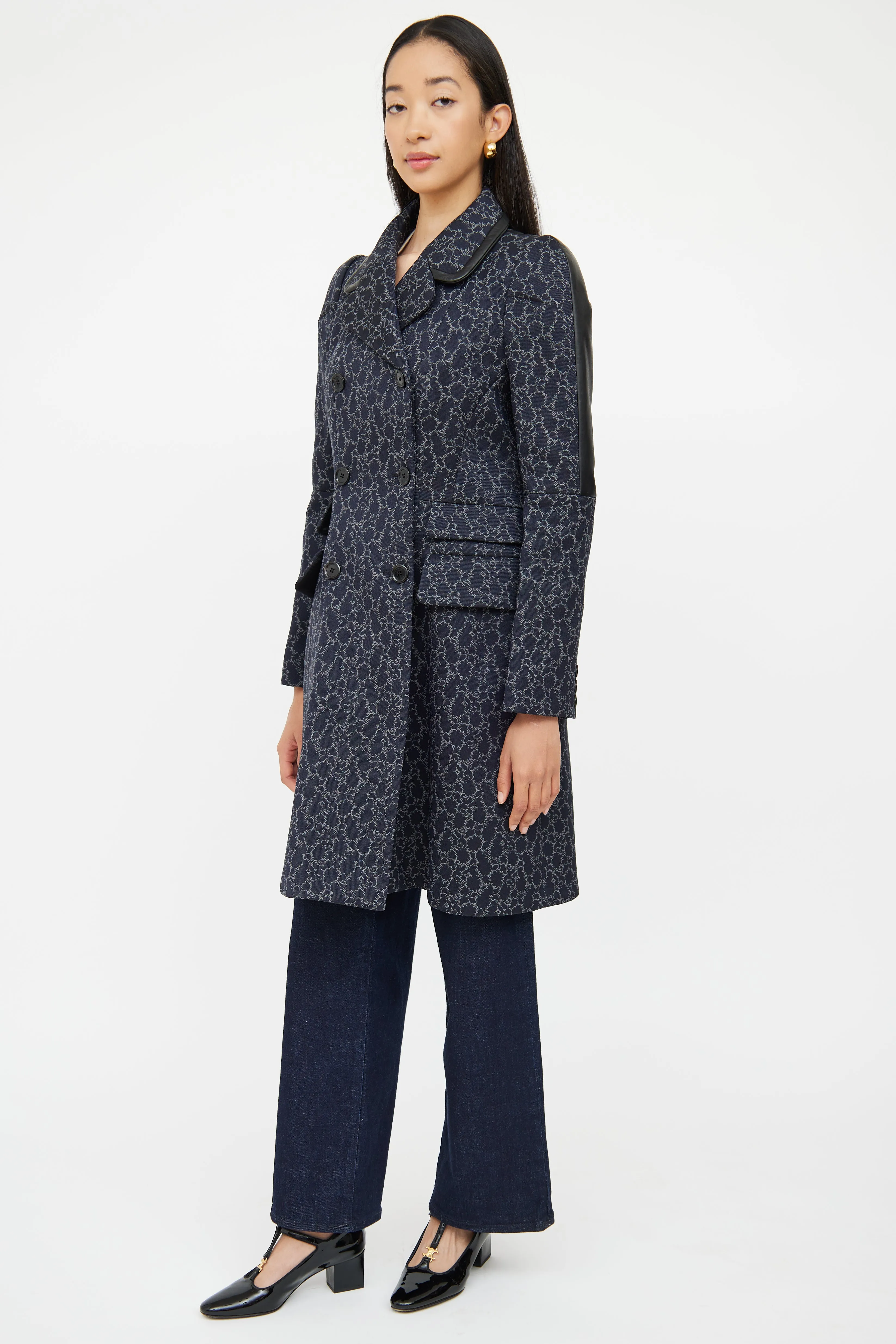 Navy Brocade Double Breasted Coat