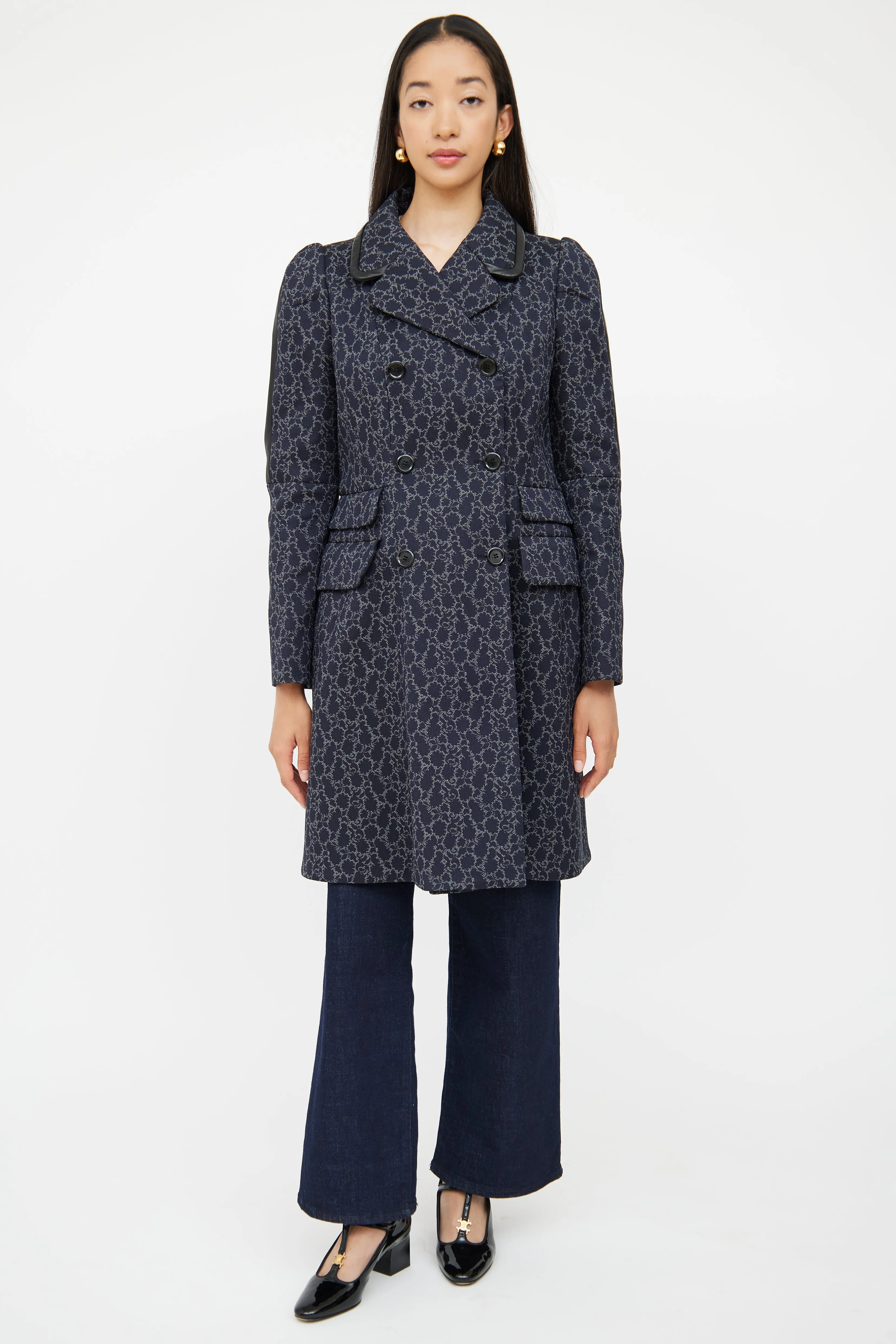 Navy Brocade Double Breasted Coat