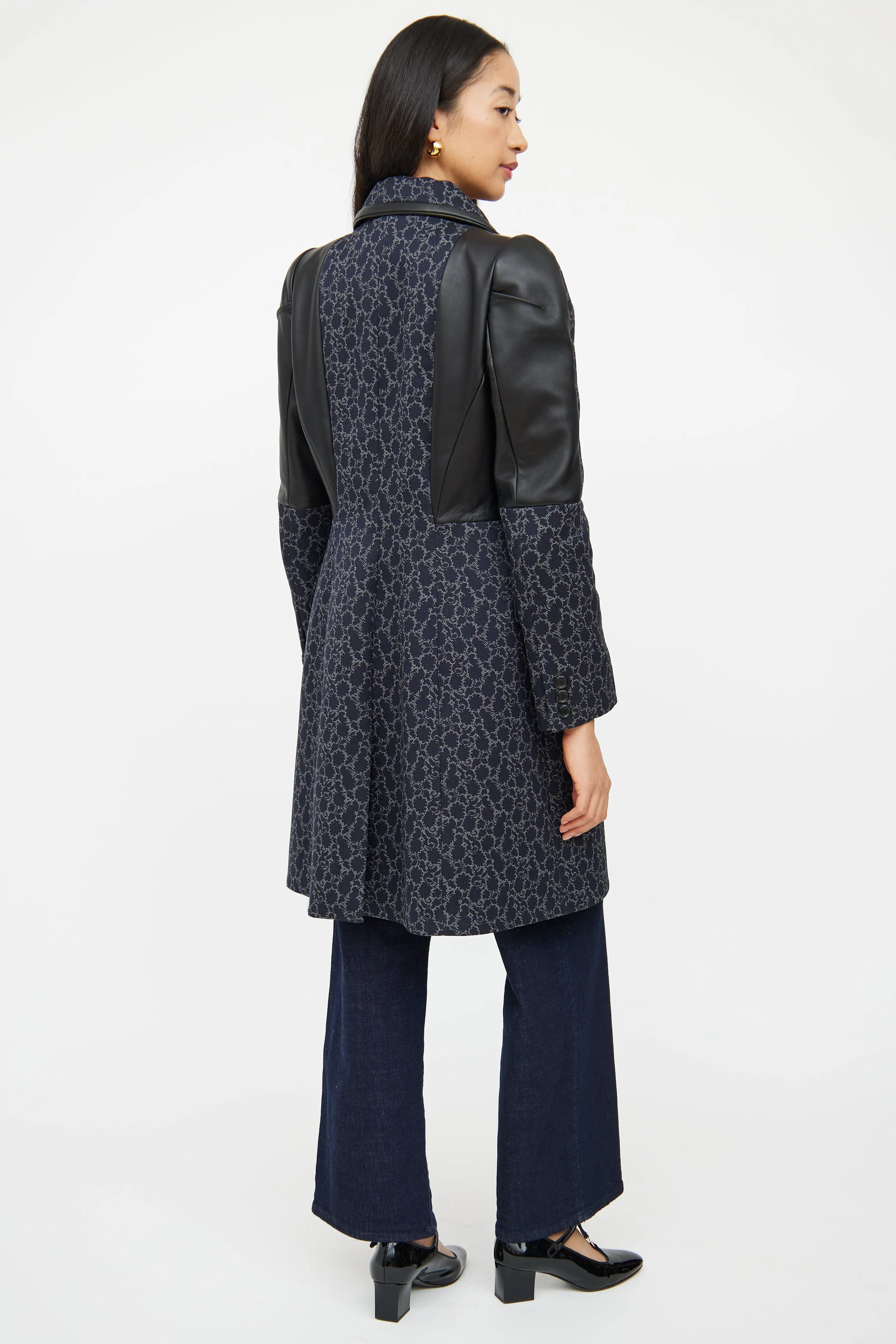 Navy Brocade Double Breasted Coat