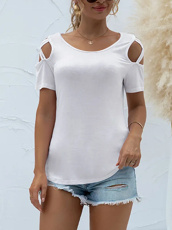 Original Creation Short Sleeves Hollow Solid Color Round-Neck T-Shirts Tops