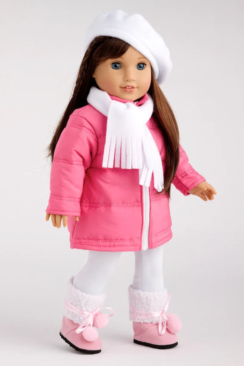 Parisian Adventure - Clothes for 18 inch Doll - Stylish Pink Coat, White Beret, Scarf and Leggings with Pink Boots