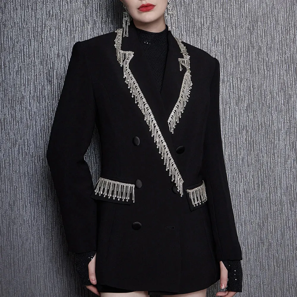 Patchwork Tassel Blazers For Women Notched Collar Long Sleeve Slim Temperament Blazer Female Fashion Clothing