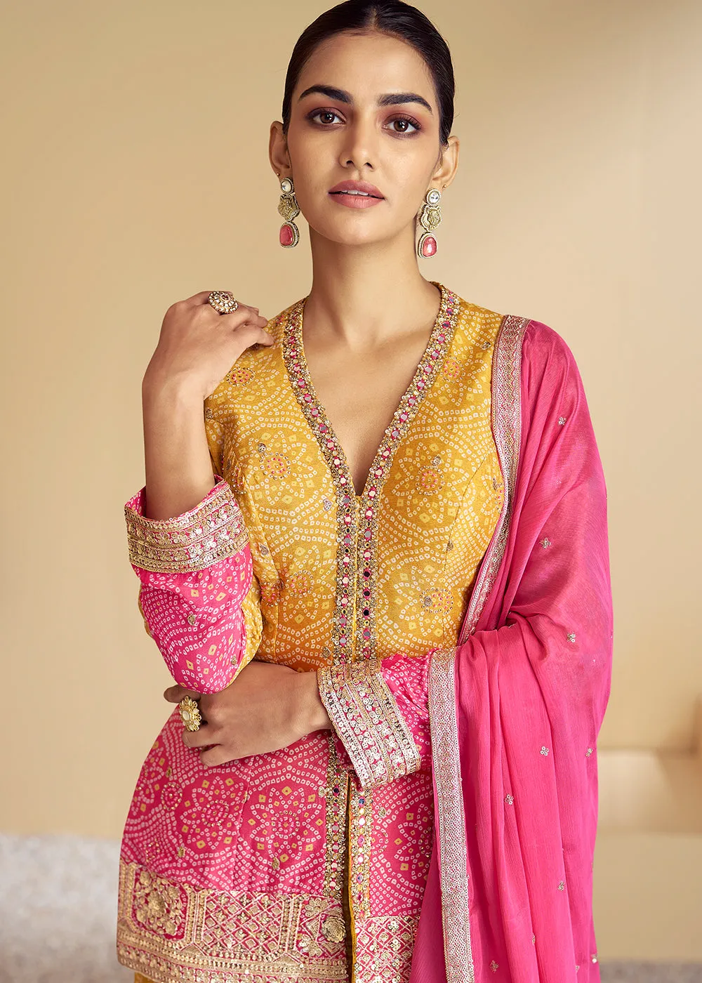 Pink & Yellow Ombre Kurti Style Gharara Style Suit