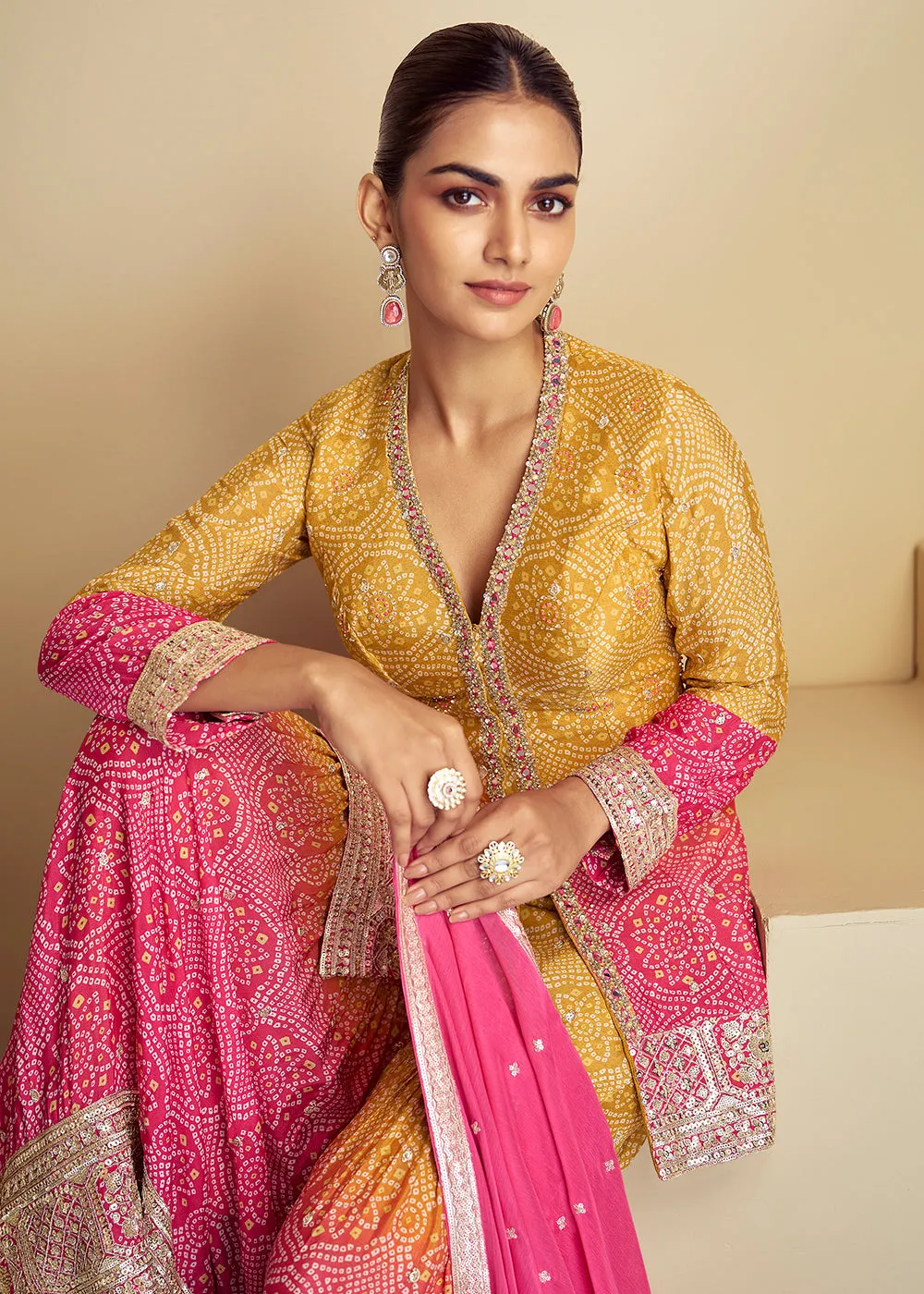 Pink & Yellow Ombre Kurti Style Gharara Style Suit