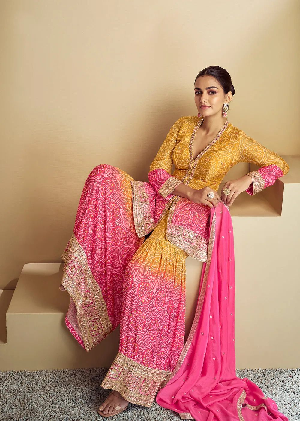 Pink & Yellow Ombre Kurti Style Gharara Style Suit