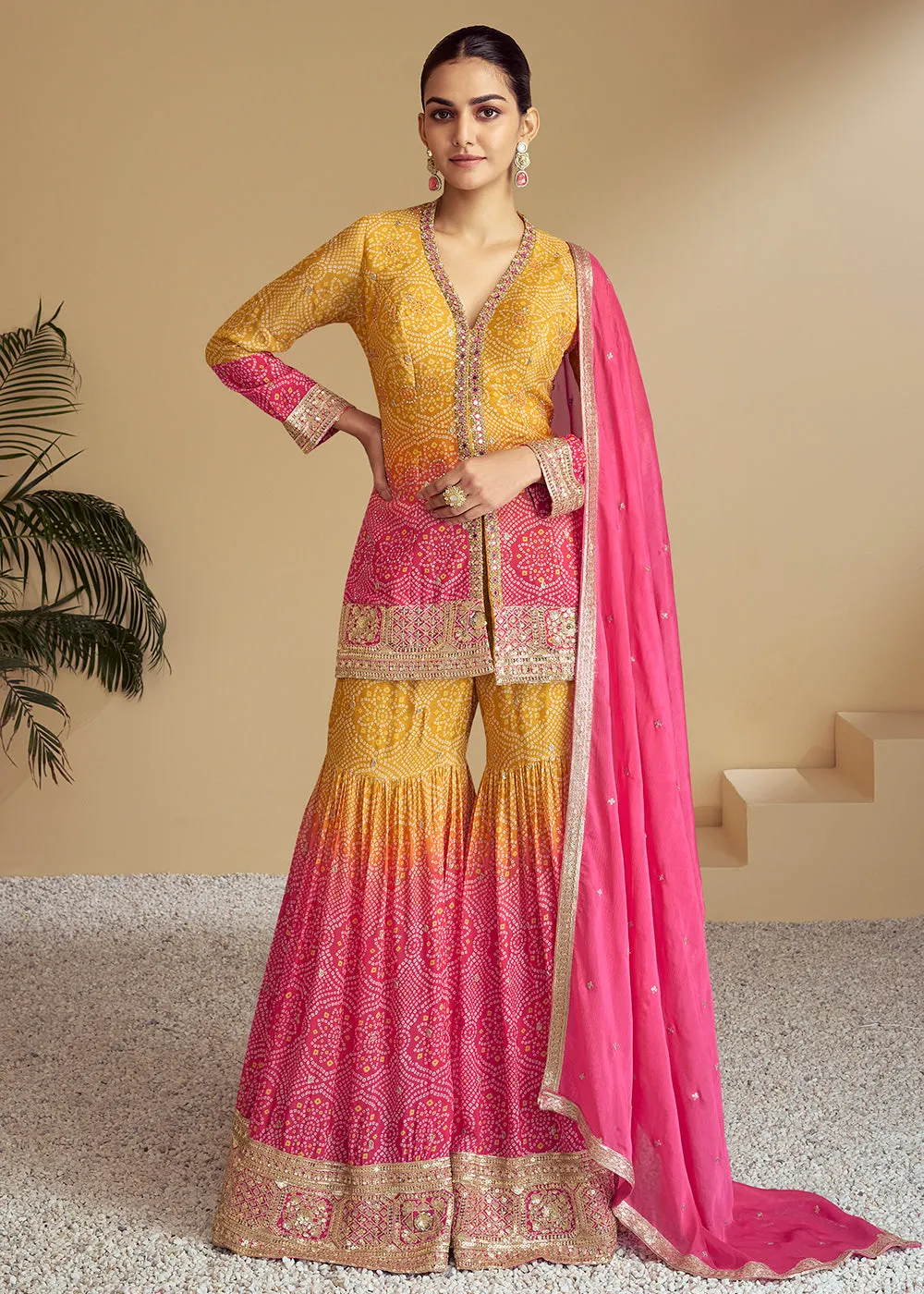 Pink & Yellow Ombre Kurti Style Gharara Style Suit