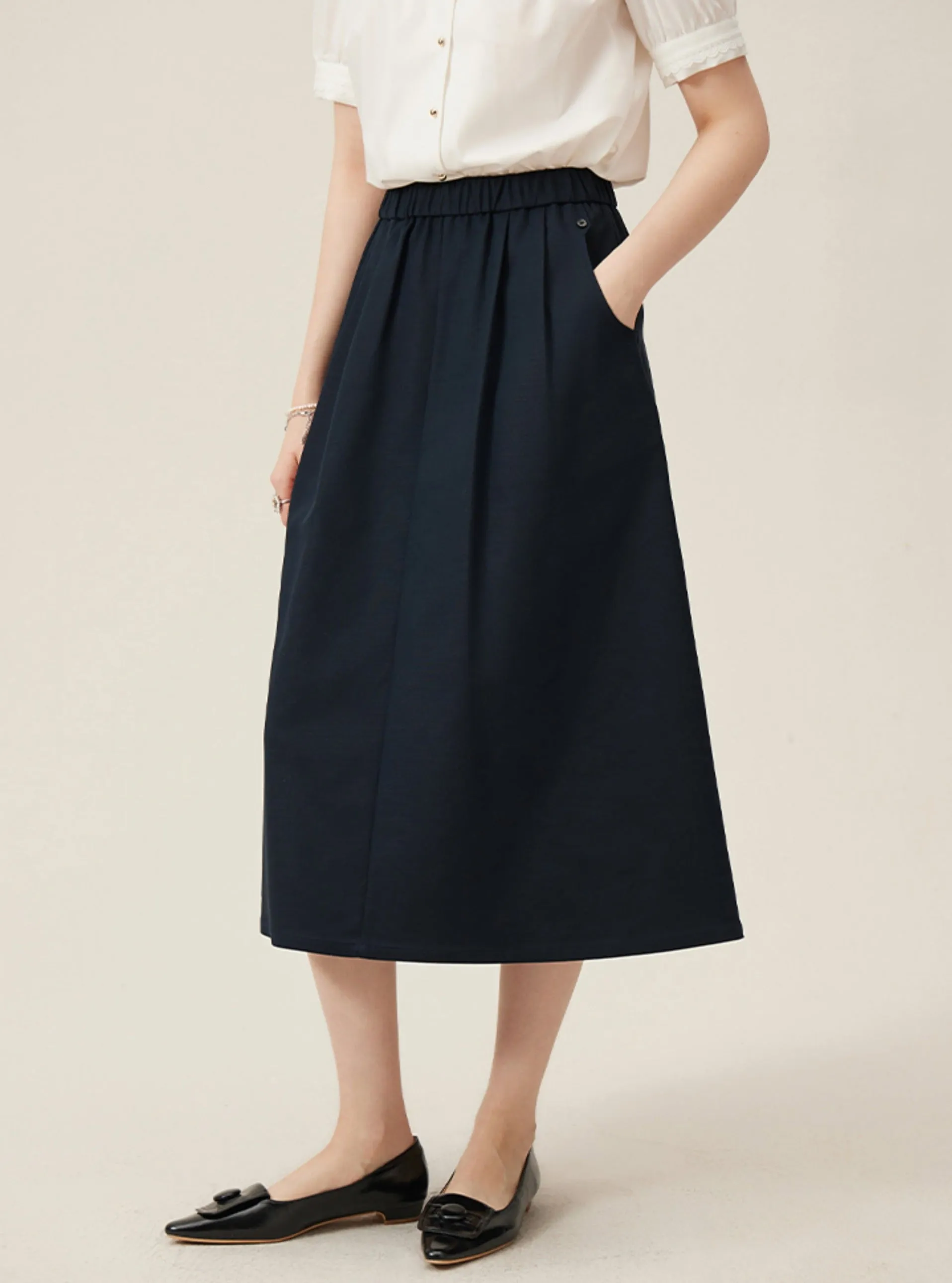 Preppy Elastic Midi Skirt - White A-Line Tennis Skirt