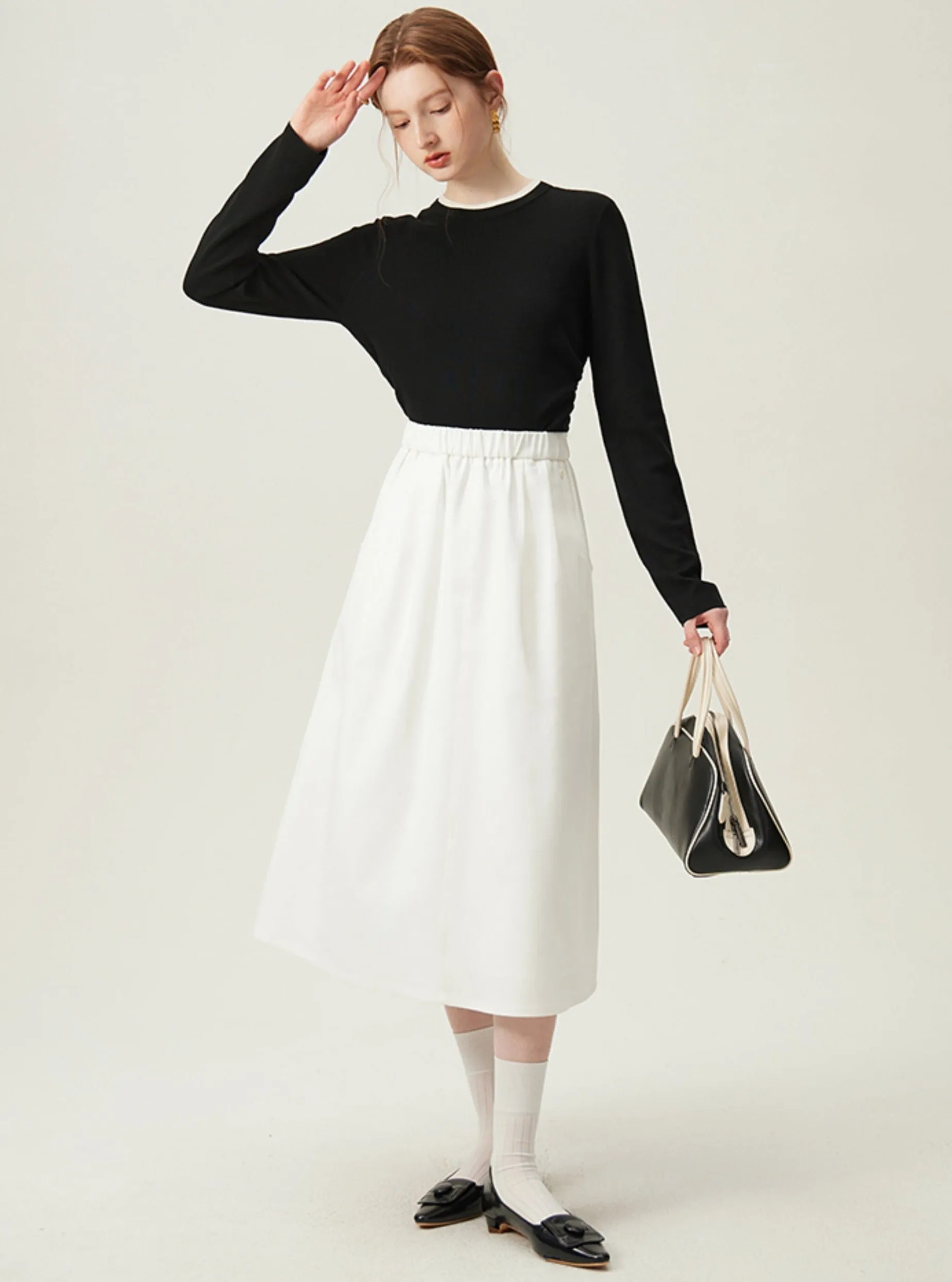 Preppy Elastic Midi Skirt - White A-Line Tennis Skirt