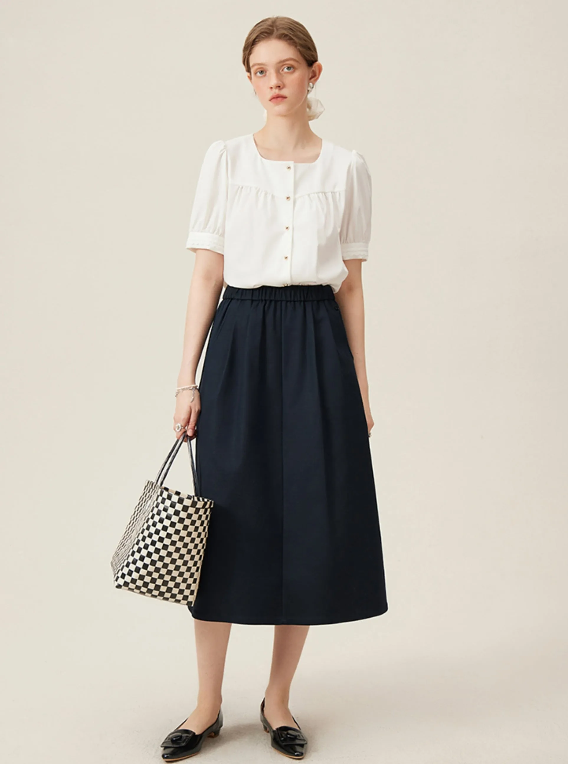 Preppy Elastic Midi Skirt - White A-Line Tennis Skirt