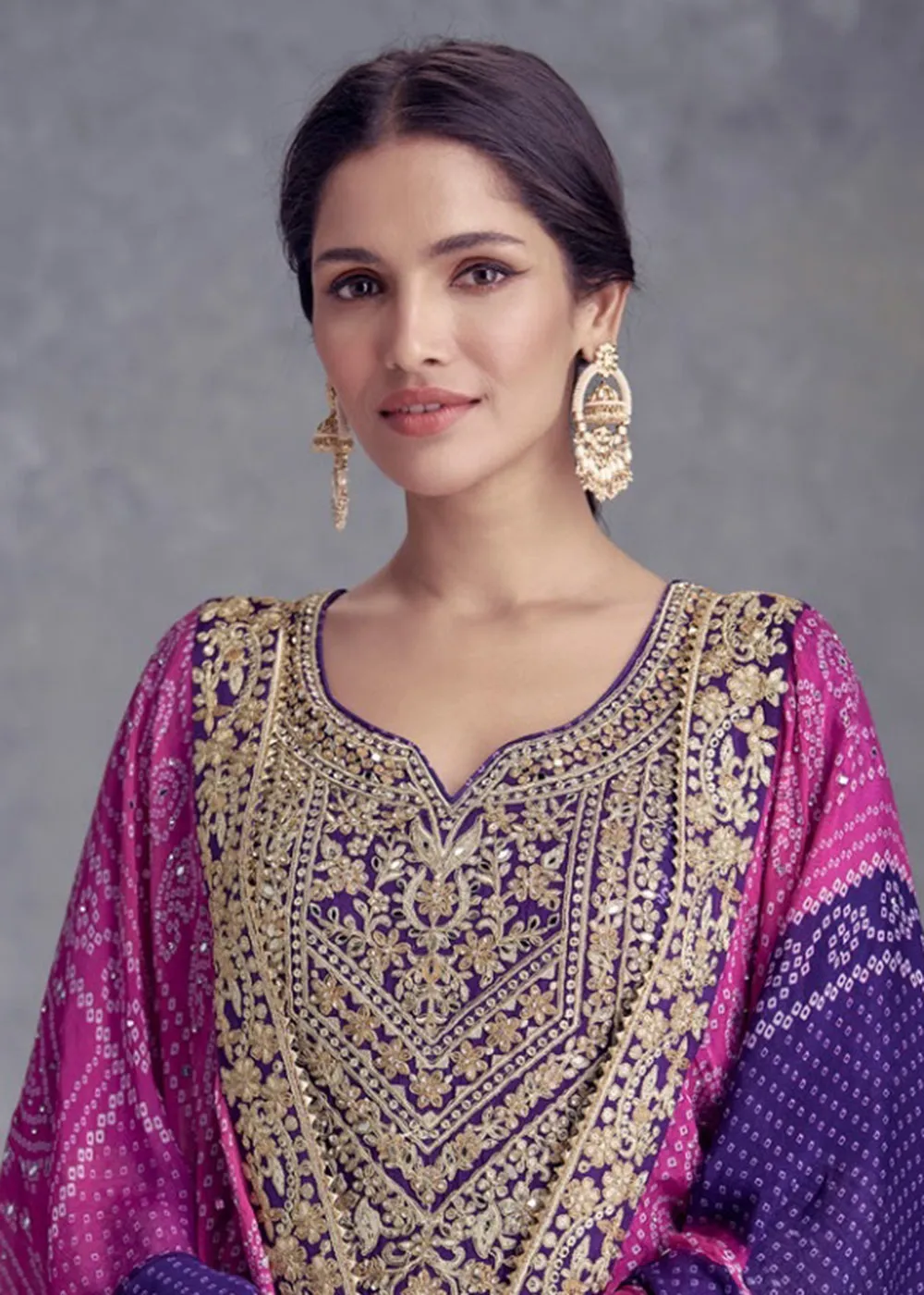 Purple Embroidered Chinnon Wedding Style Palazzo Suit