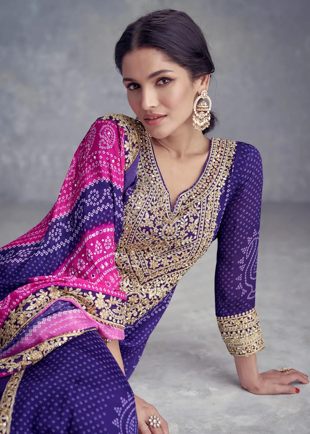 Purple Embroidered Chinnon Wedding Style Palazzo Suit