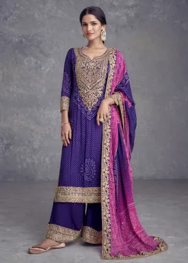 Purple Embroidered Chinnon Wedding Style Palazzo Suit