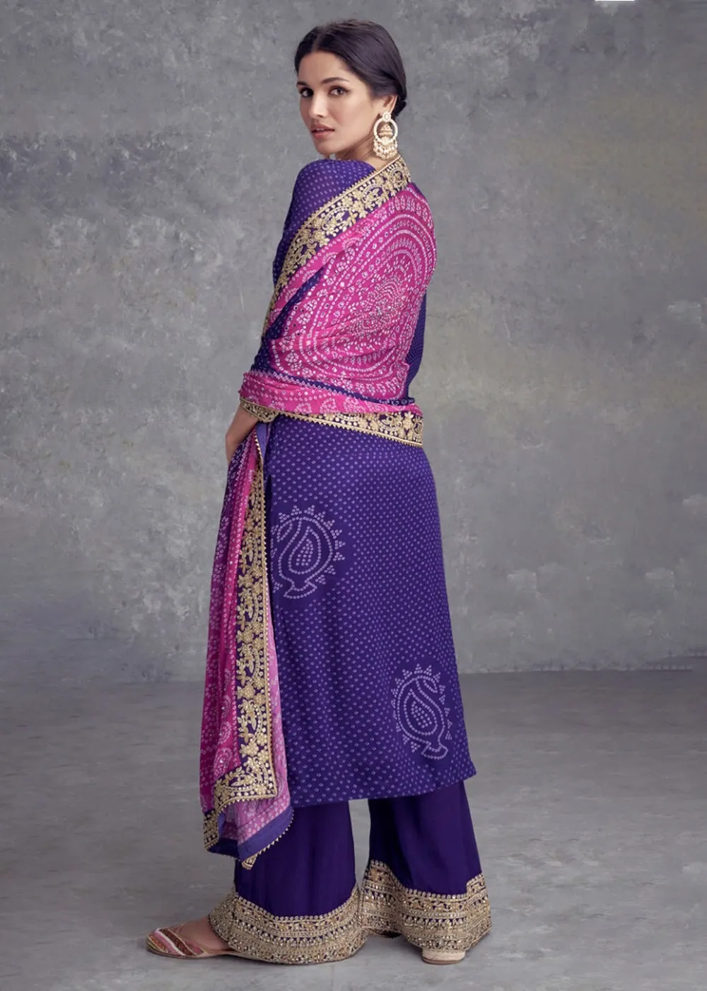 Purple Embroidered Chinnon Wedding Style Palazzo Suit