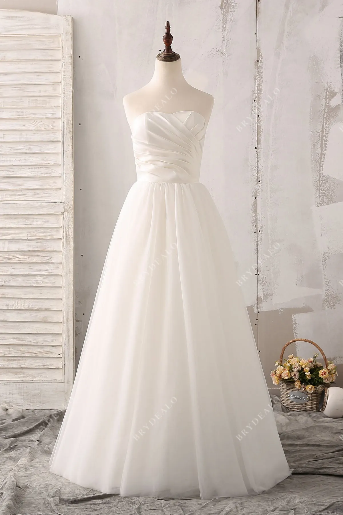 Ruched Strapless Satin Vintage Floor Length Tulle Bridal Gown