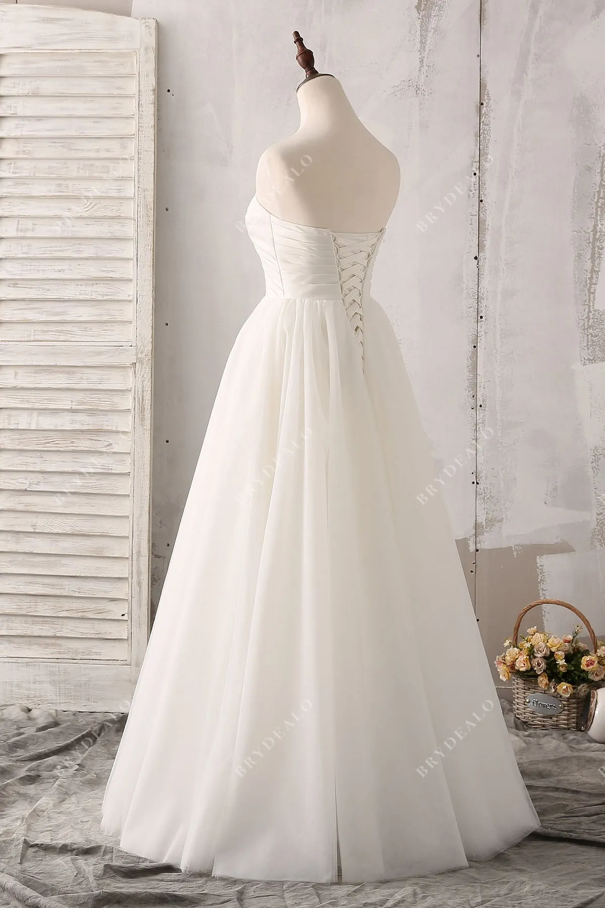 Ruched Strapless Satin Vintage Floor Length Tulle Bridal Gown