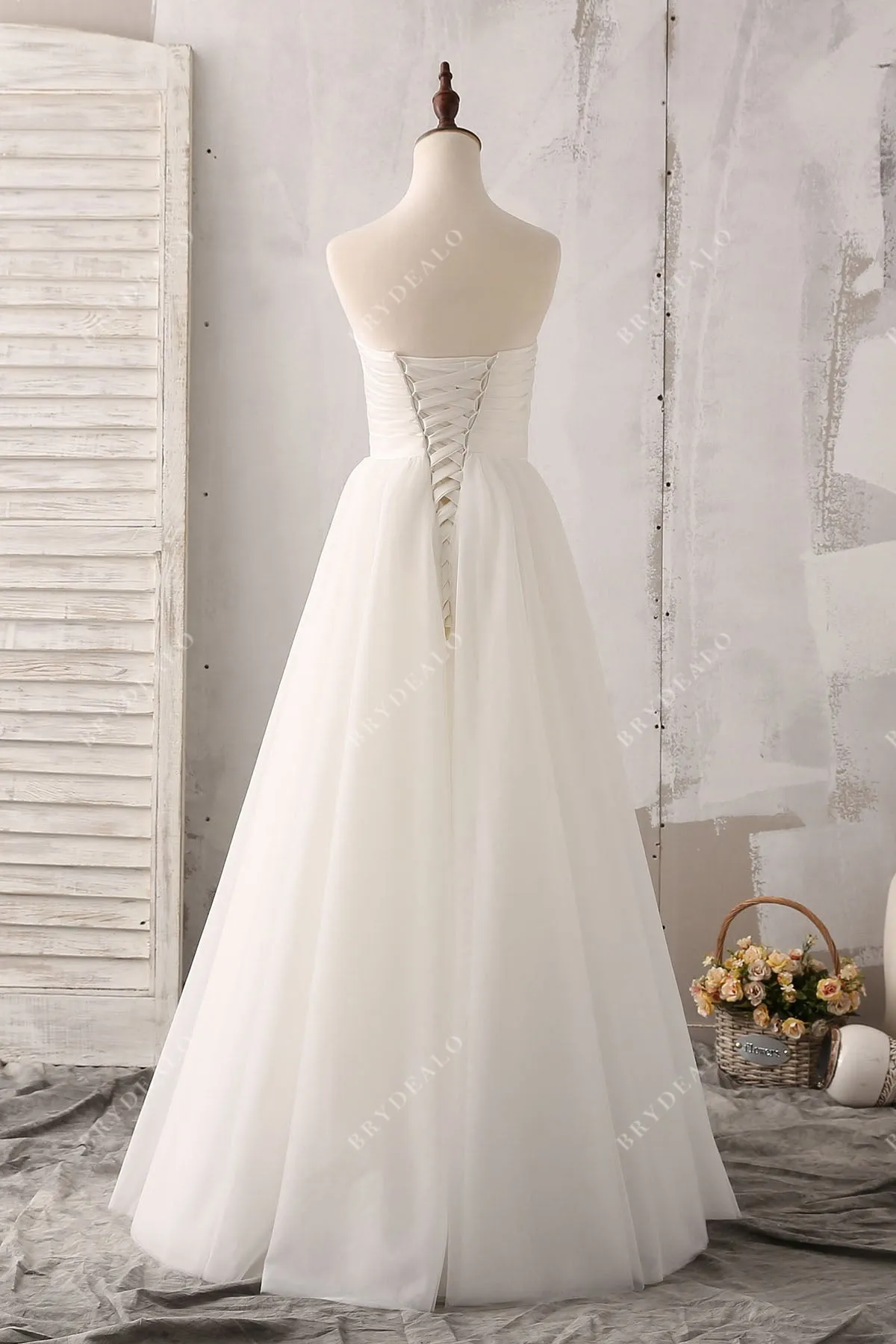 Ruched Strapless Satin Vintage Floor Length Tulle Bridal Gown