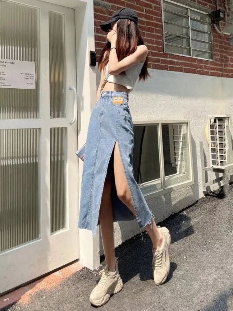 sealbeer Ins Simple Fashion Skirt Printing New Natural Waist Trend Japanese Long Skirt Female Solid Color Street A-line Skirt