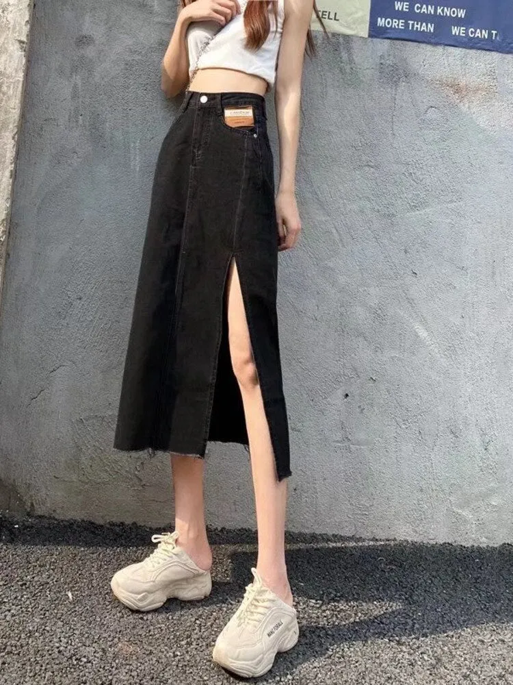 sealbeer Ins Simple Fashion Skirt Printing New Natural Waist Trend Japanese Long Skirt Female Solid Color Street A-line Skirt