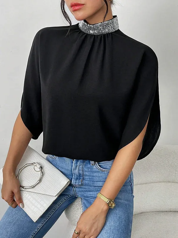 Sequined Solid Color Half Sleeves Loose High Neck Blouses&shirts Tops