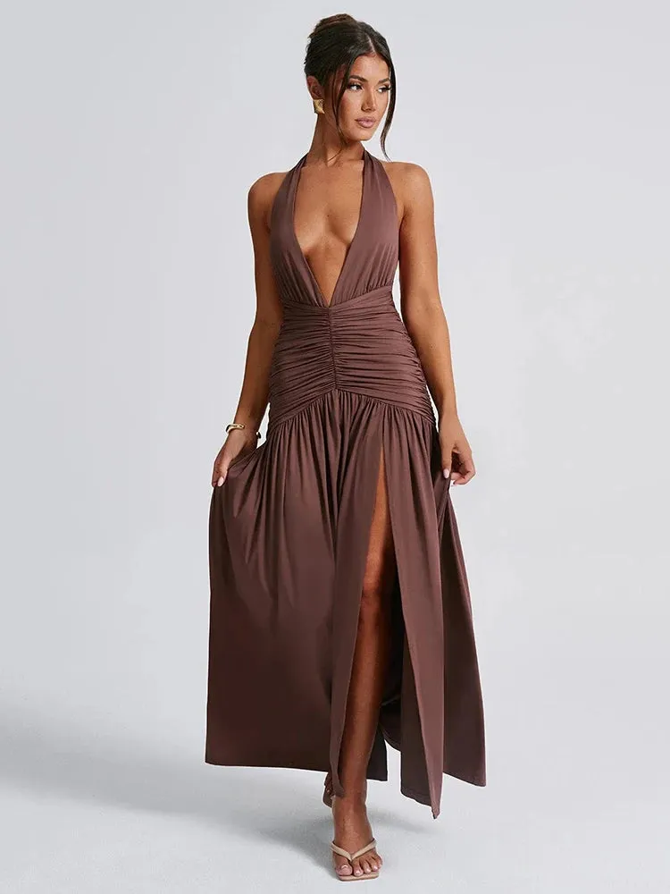 Sexy Low V Neck Halter Dress High Split Holiday Vacation Chocolate Brown Evening Plunge Dress KESLEY