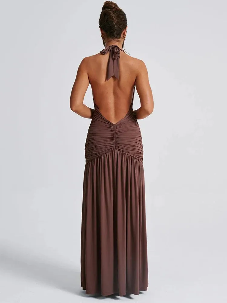 Sexy Low V Neck Halter Dress High Split Holiday Vacation Chocolate Brown Evening Plunge Dress KESLEY