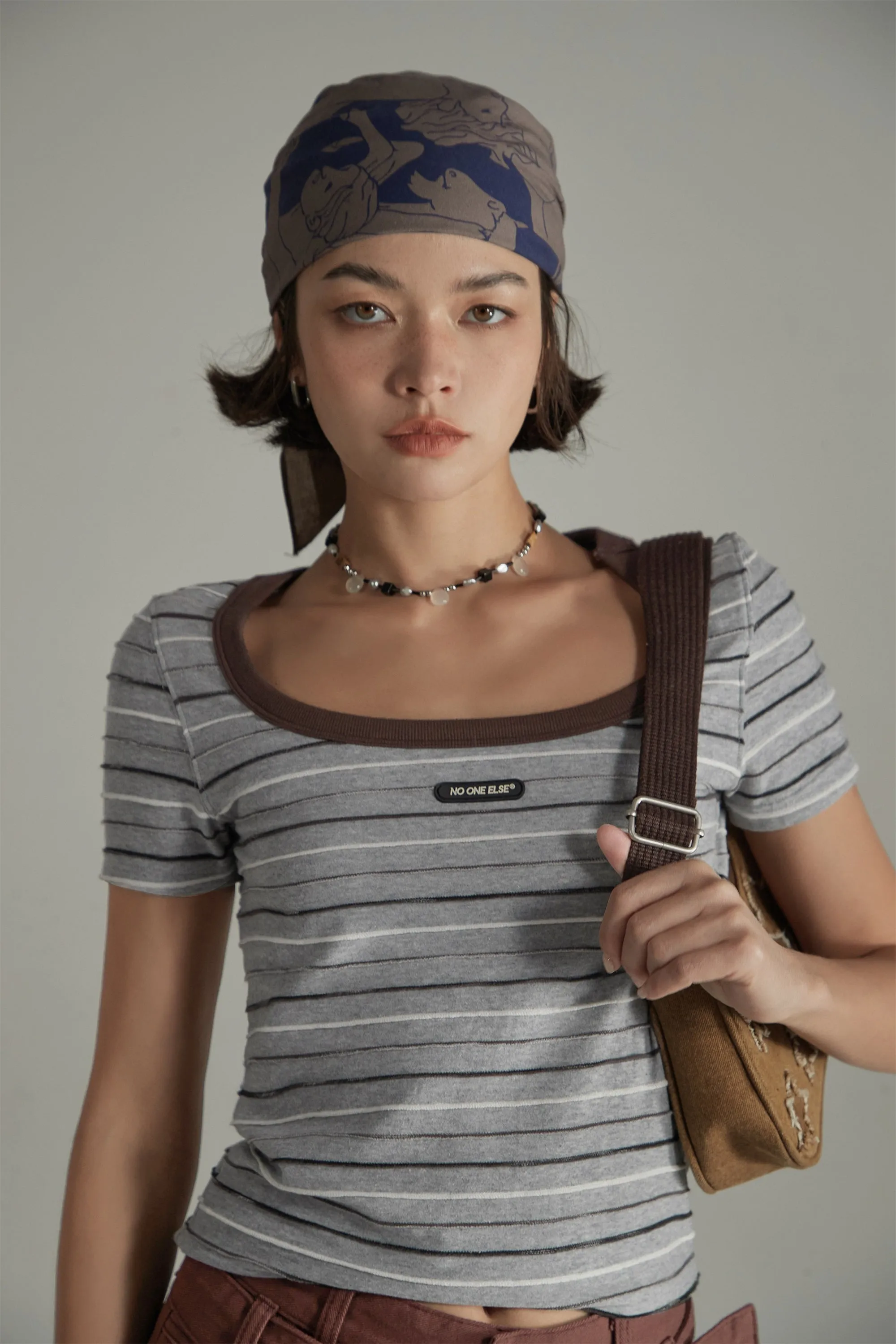 Simple Slim U-Neck Striped T-Shirt