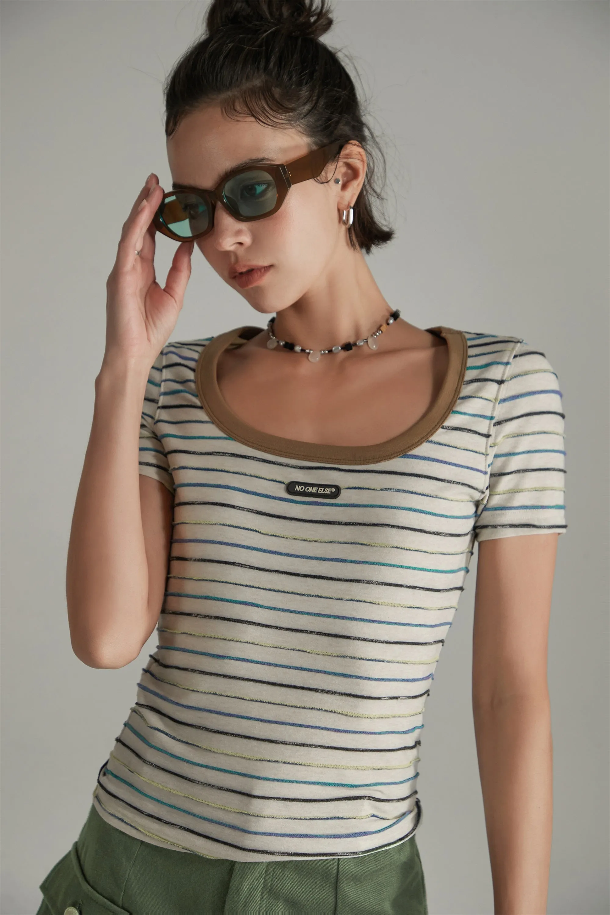 Simple Slim U-Neck Striped T-Shirt