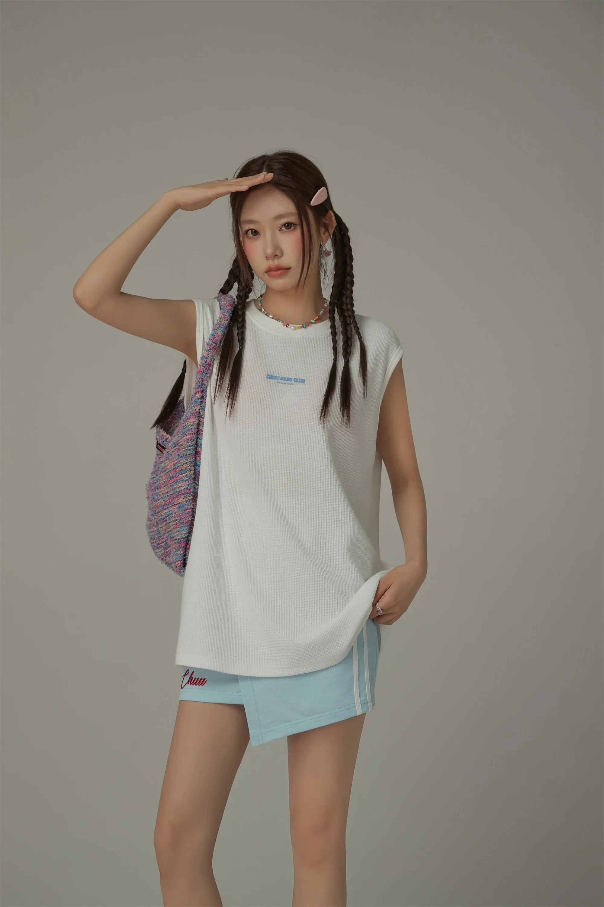 Simple Waffle Loose Fit Sleeveless Mid Length T-Shirt