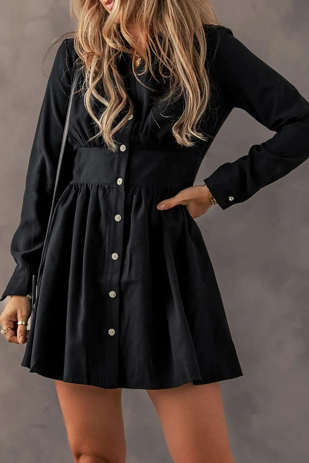 Simply Ruched Calm Button Up Long Sleeve Dress