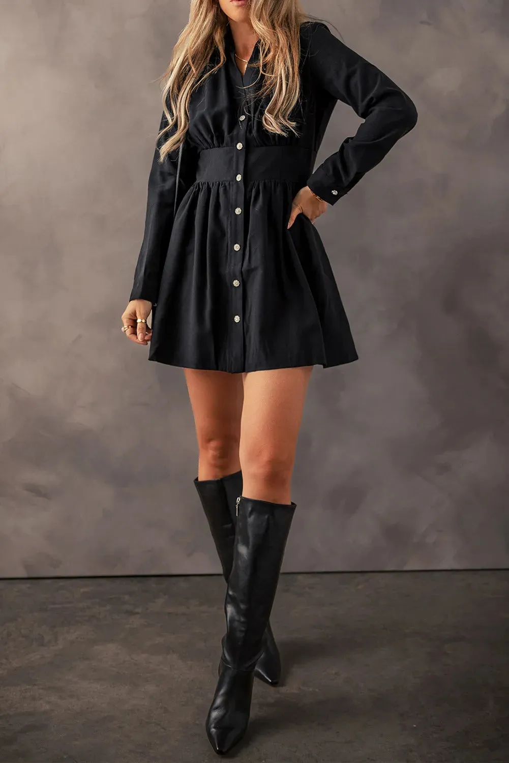 Simply Ruched Calm Button Up Long Sleeve Dress