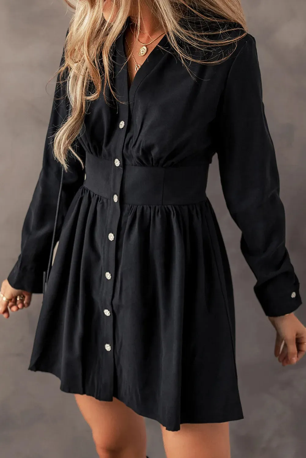 Simply Ruched Calm Button Up Long Sleeve Dress