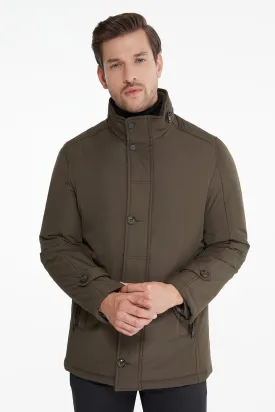 Slim Fit Zipper with Button Placket Khaki Coat